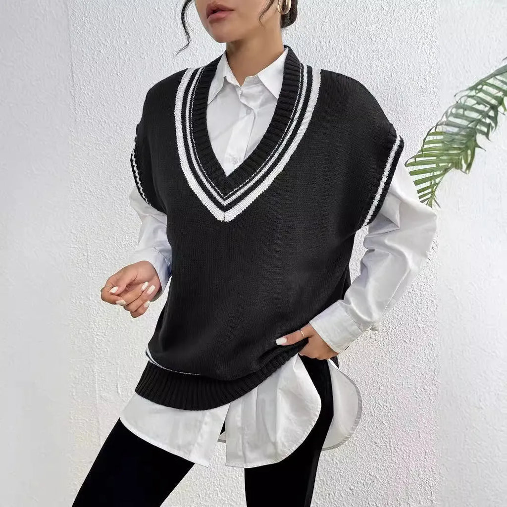 Women's loose-fit college style vest sweater in blue, coffee, and black colour options.