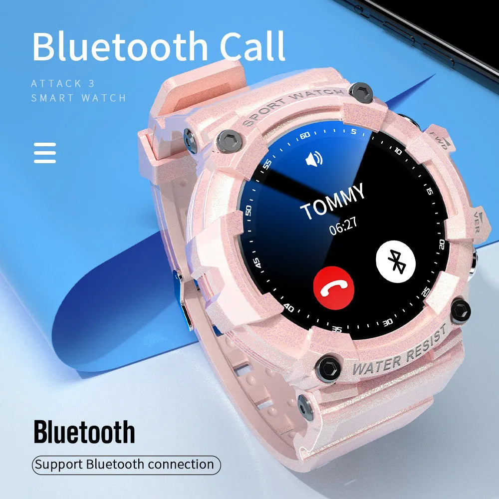 Black IP67 waterproof smart sports watch with round colour screen displaying health metrics