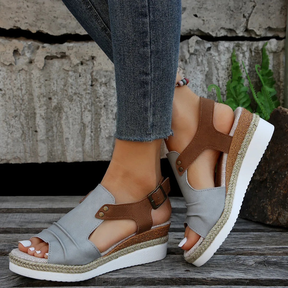 Women's fish mouth wedge sandals with straw design, peep toe, buckle closure, TPR sole, artificial PU upper