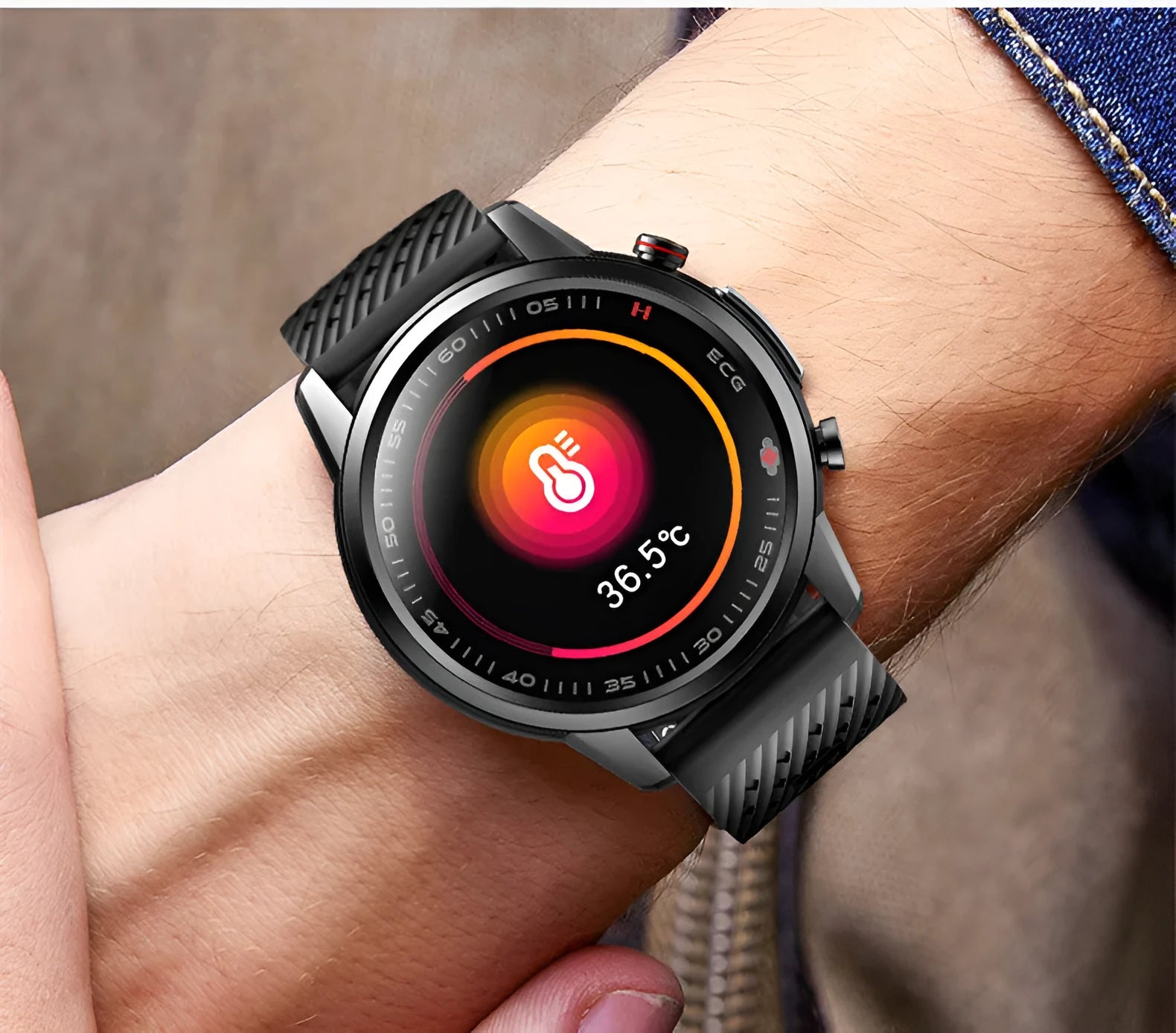 F800 ECG Blood Pressure Sports Smart Watch in black with 1.3-inch screen on a TPU wristband.