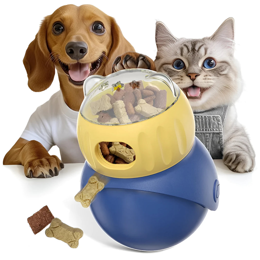 Yellow and blue plastic owl-shaped tumbler cat feeder toy for food puzzles.