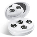 White wireless red light and EMS eye and facial massager beauty device on a plain background.