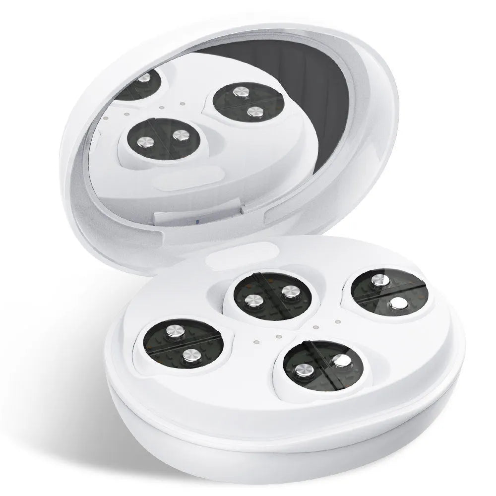 White wireless red light and EMS eye and facial massager beauty device on a plain background.