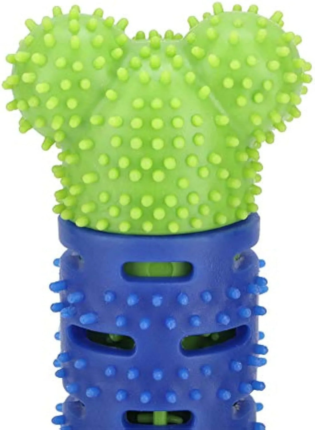Blue and green silicone dog dental toy with brush head texture, nodules, and an integrated rope for chewing and play.