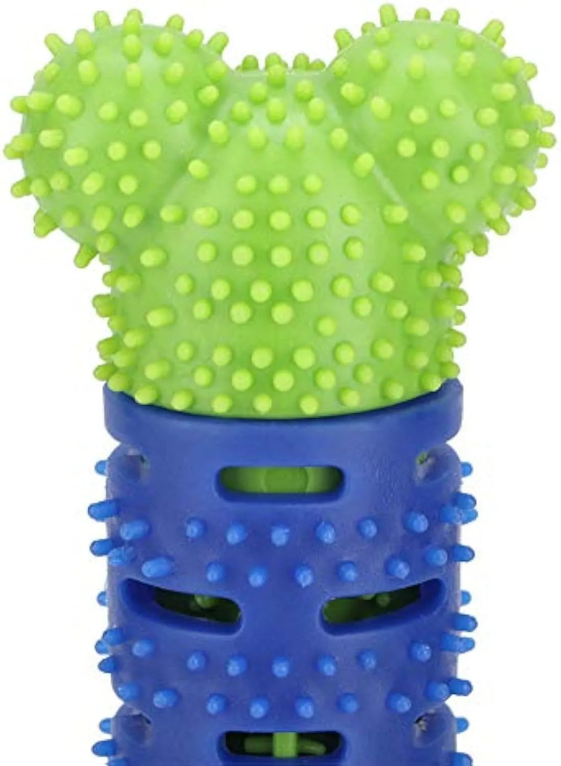 Blue and green silicone dog dental toy with brush head texture, nodules, and an integrated rope for chewing and play.