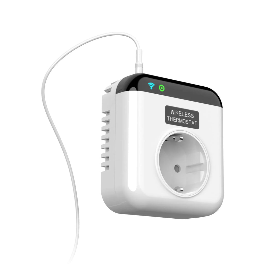 White smart socket with EU plug showing voice control and thermostatic timer functions