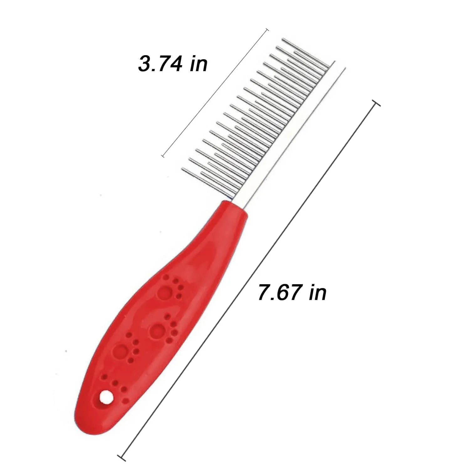 Red plastic handle pet grooming comb with stainless steel short and long teeth for detangling