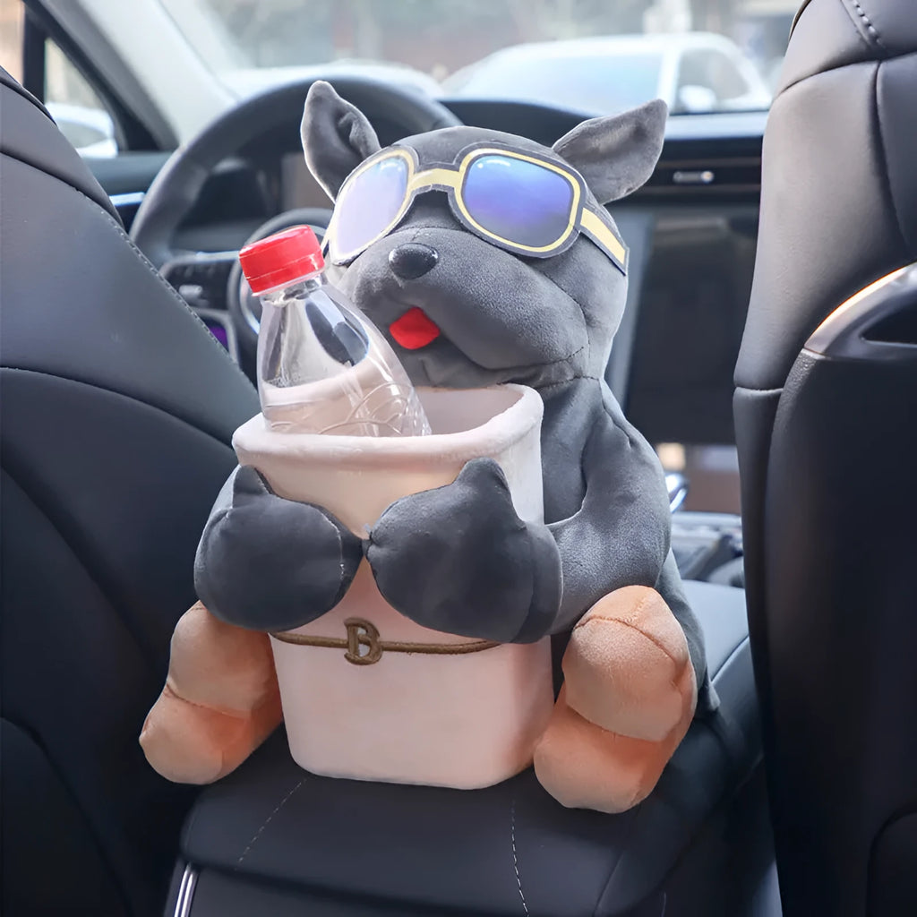 Plush car armrest tissue box cover with dog design options measuring 27 by 33 centimetres