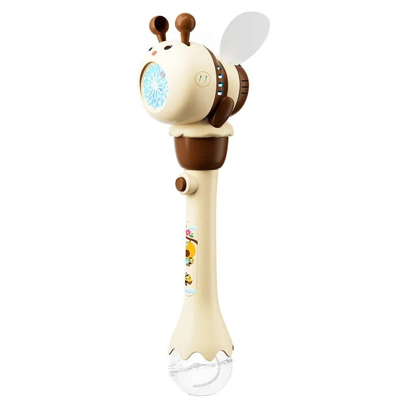 Yellow electric bee bubble machine toy with automatic lights on a flat surface