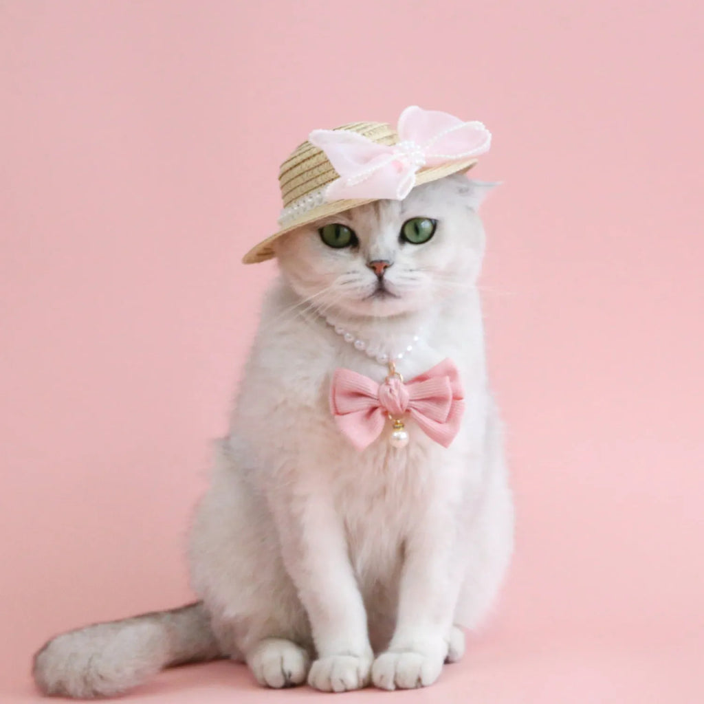 Pink pearl bow woven straw hat for a cat, shown in a princess style on a blank background.