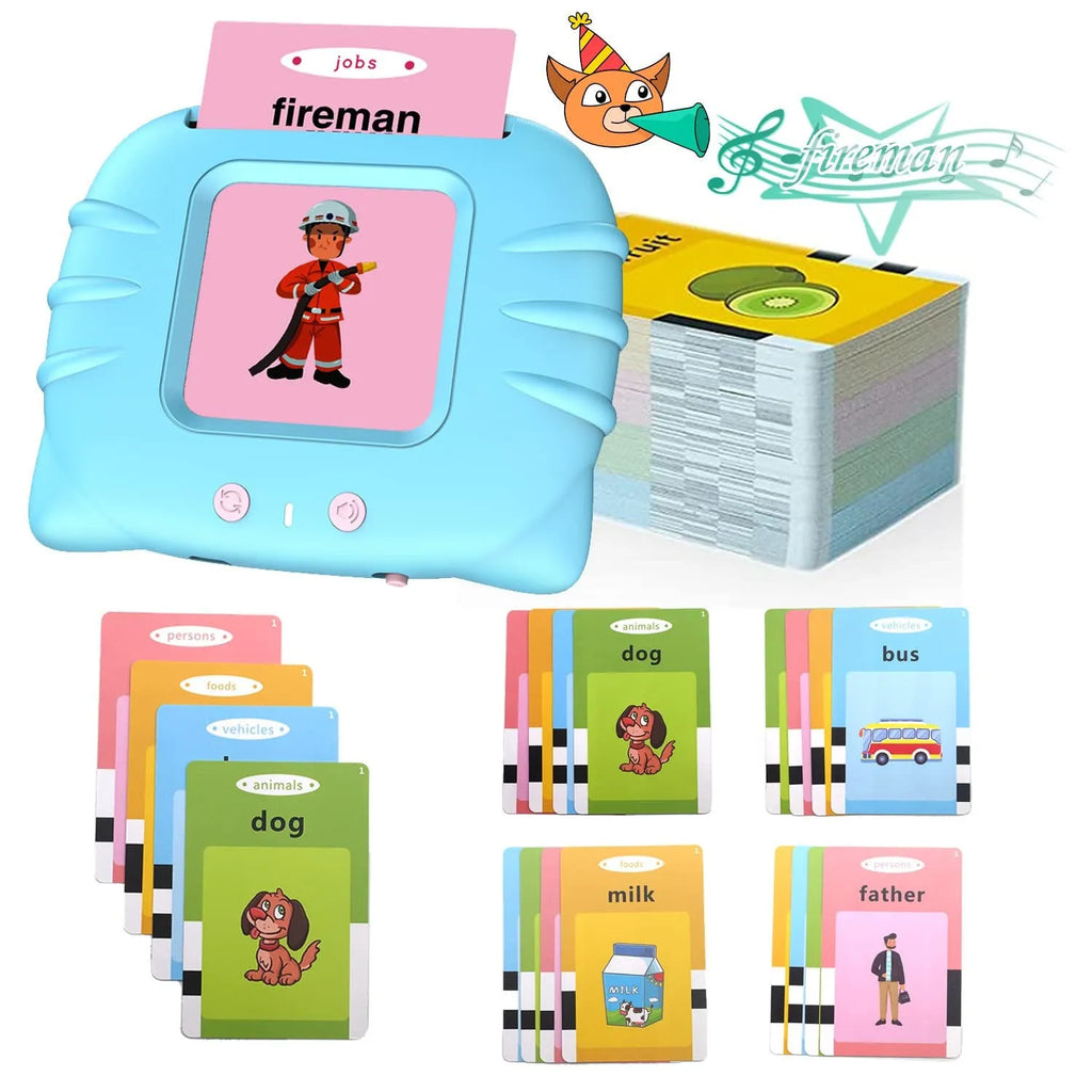 Blue children's English learning machine with audio cards showing dimensions 18cm long × 9.7cm wide