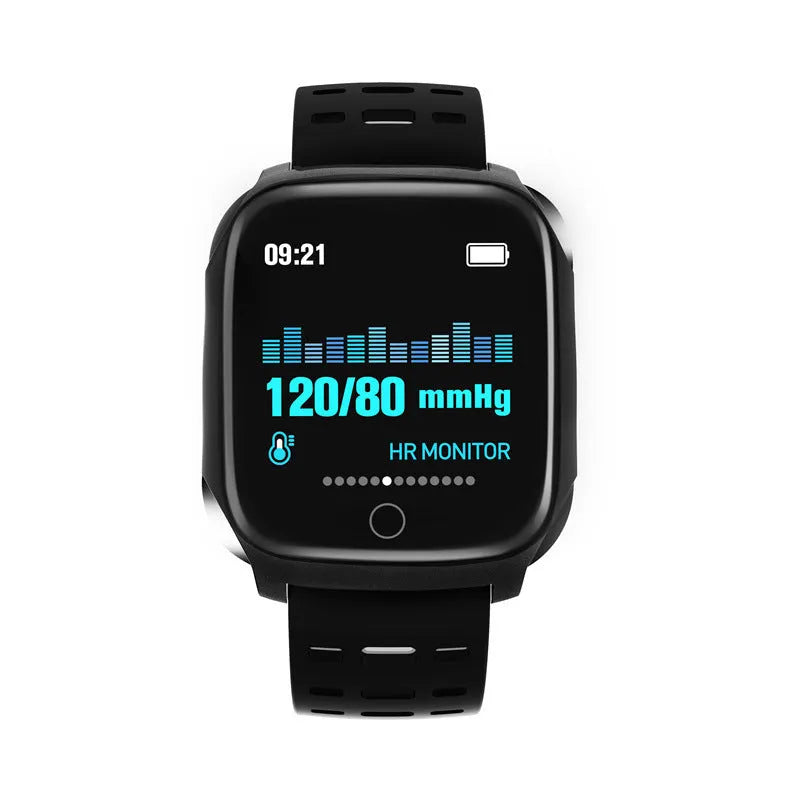 F16 smart watch with ECG monitoring on wrist showing blood pressure and heart rate display
