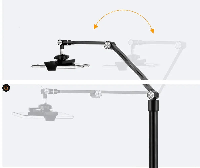 Black aluminium floor stand with fill light holding a mobile phone for video shooting.