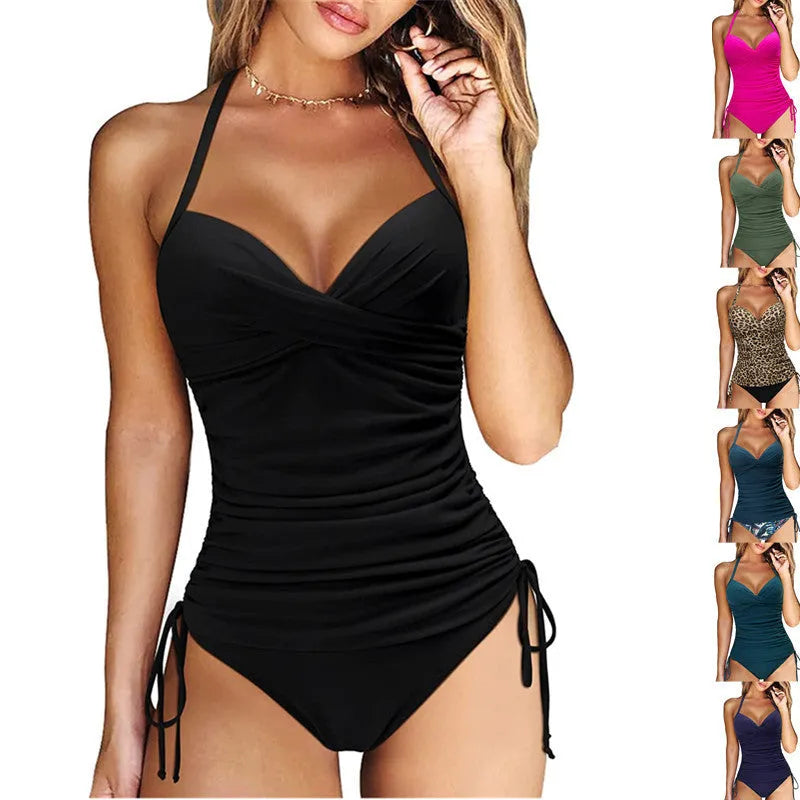 Women's high-waisted nylon bikini set in a solid colour on a mannequin.