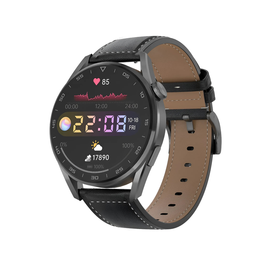 Black steel Bluetooth smart watch with a metal strap and a 1.3-inch screen displayed on a wrist