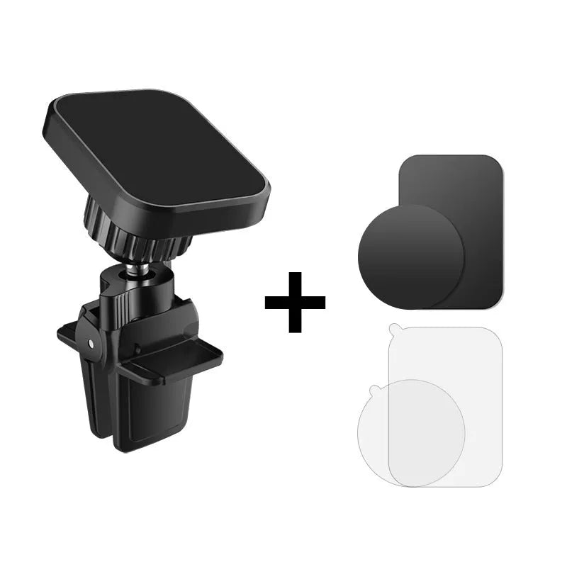 Black magnetic car phone holder attached to vehicle air conditioning vent