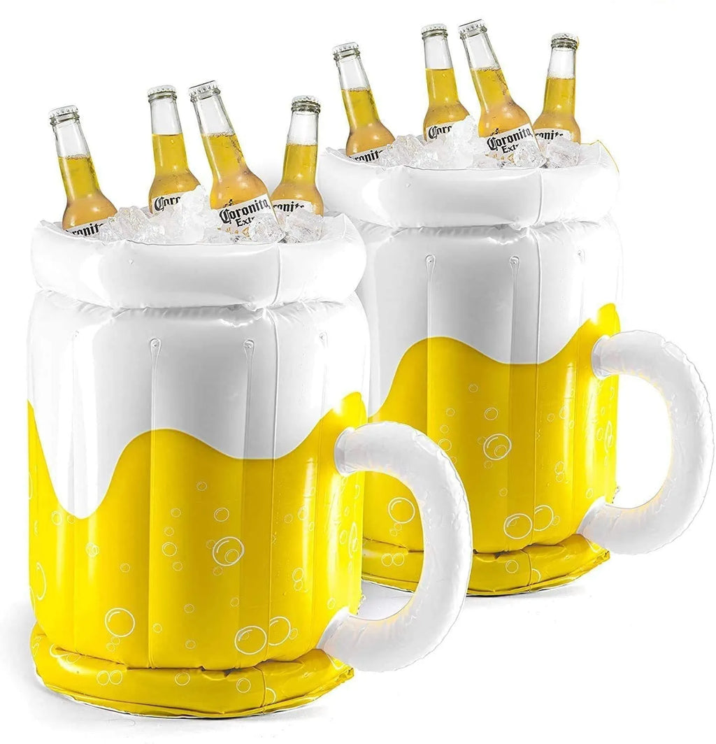 Yellow inflatable beer mug pool float cooler with 44cm height and 32cm diameter