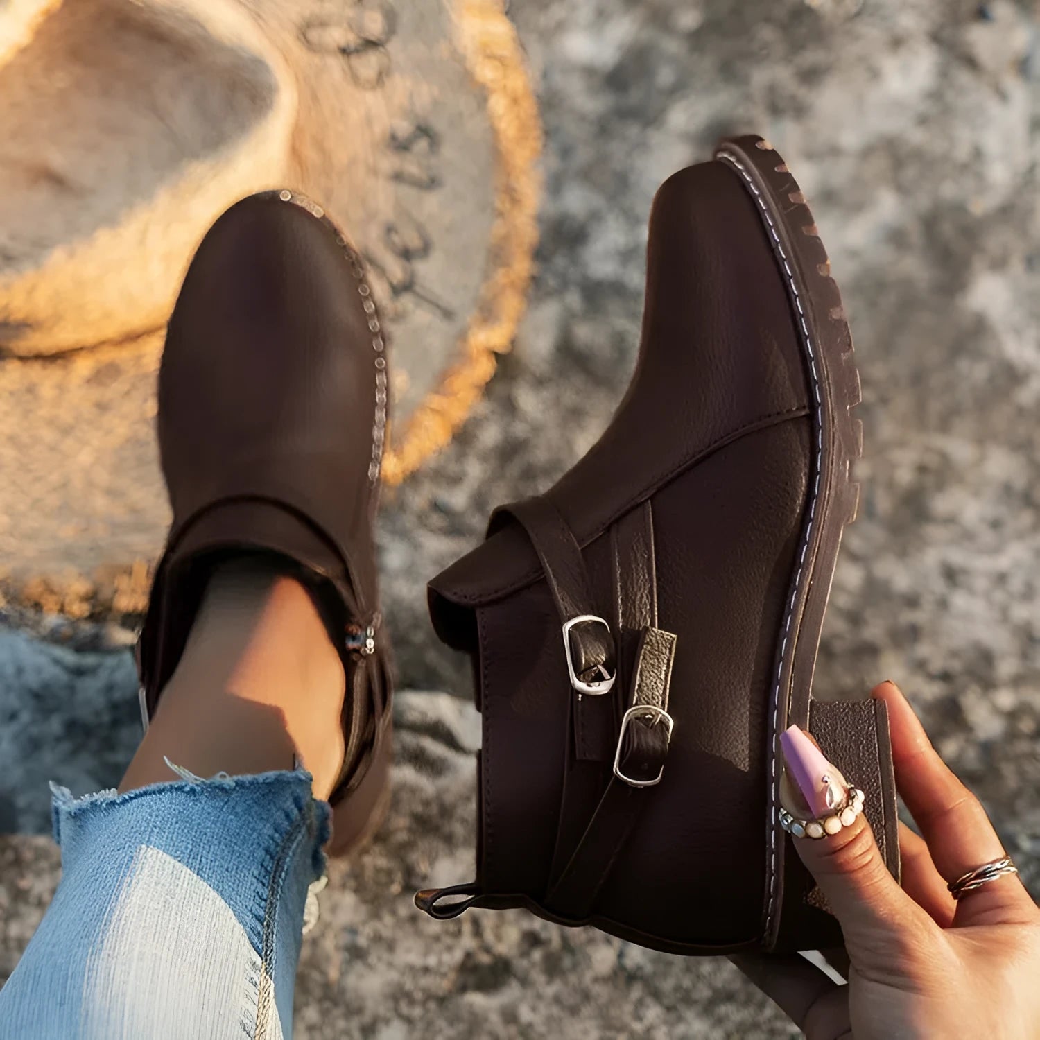 Low-heeled leather belt-buckle plus-size round-toe ankle boots in black with side zipper and chunky heel