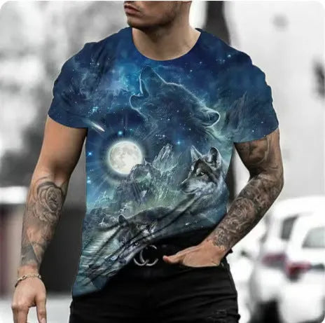 Retro style men's t-shirt with a 3D animal pattern print, short sleeves, and a pullover neck.