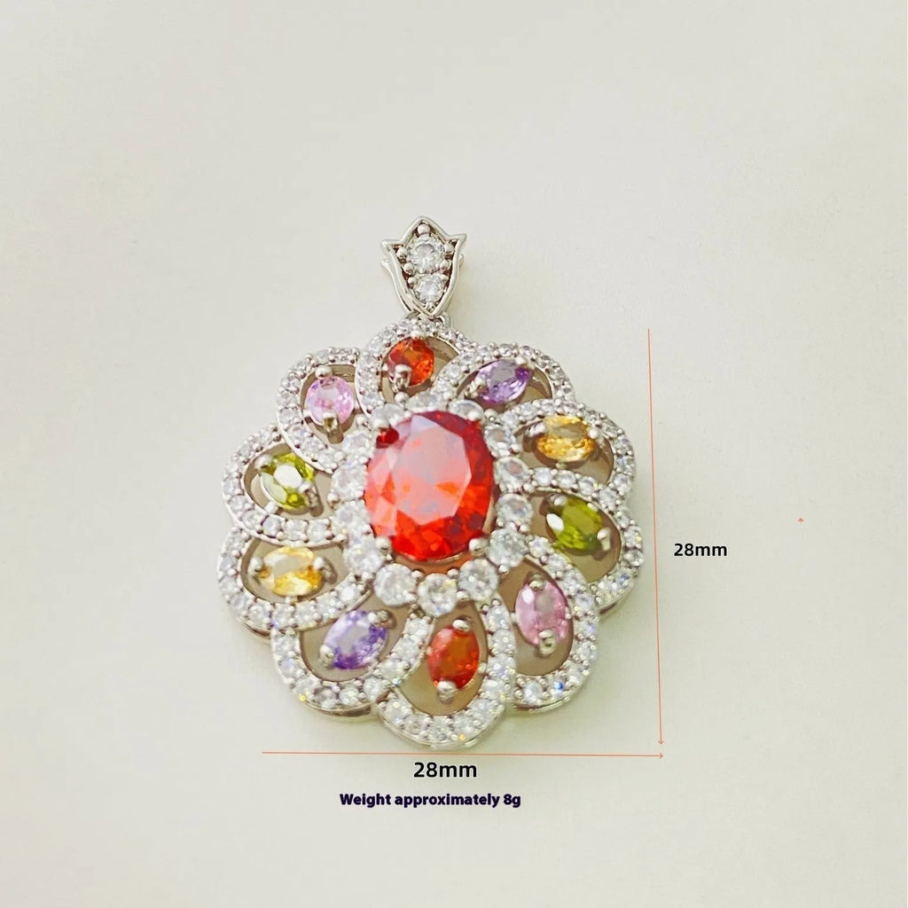 Close-up of a women's floral-shaped colourful zircon pendant necklace in a gold metal setting.