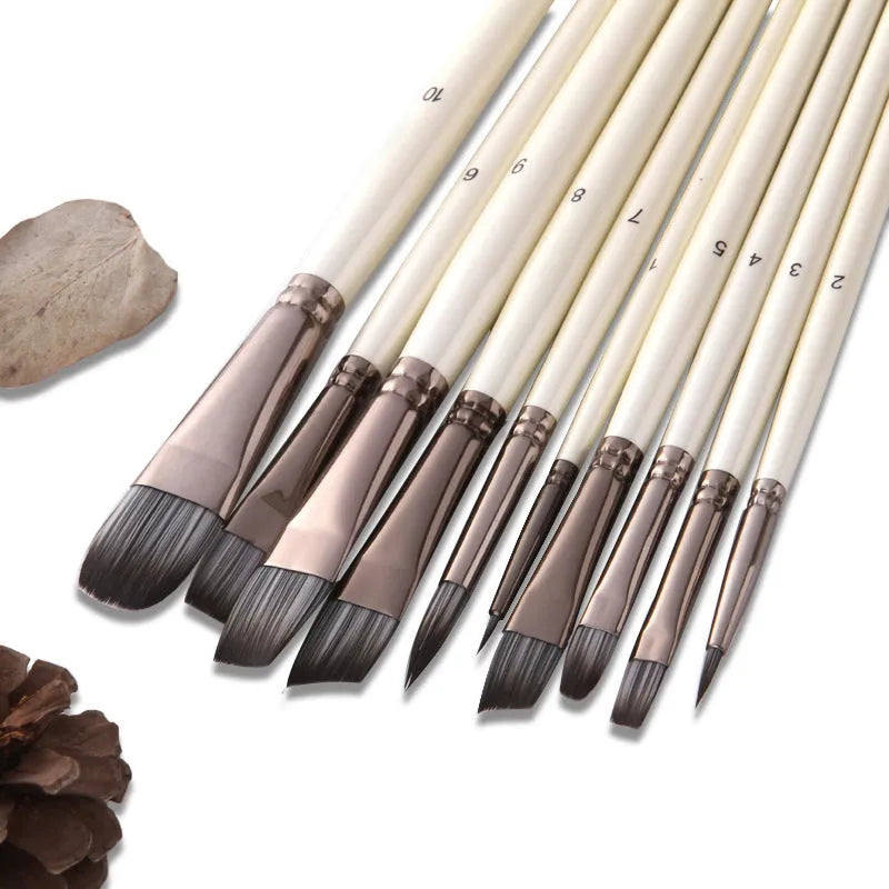 Ten pearl white nylon paint brushes with wooden handles in a clear PVC bag.