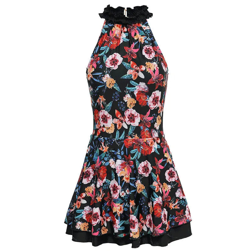 Black printed one-piece swimsuit for women in a conservative style.
