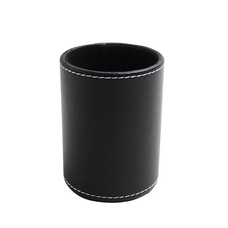 Black leather cylindrical pen container showing 8cm diameter and 10.8cm height dimensions