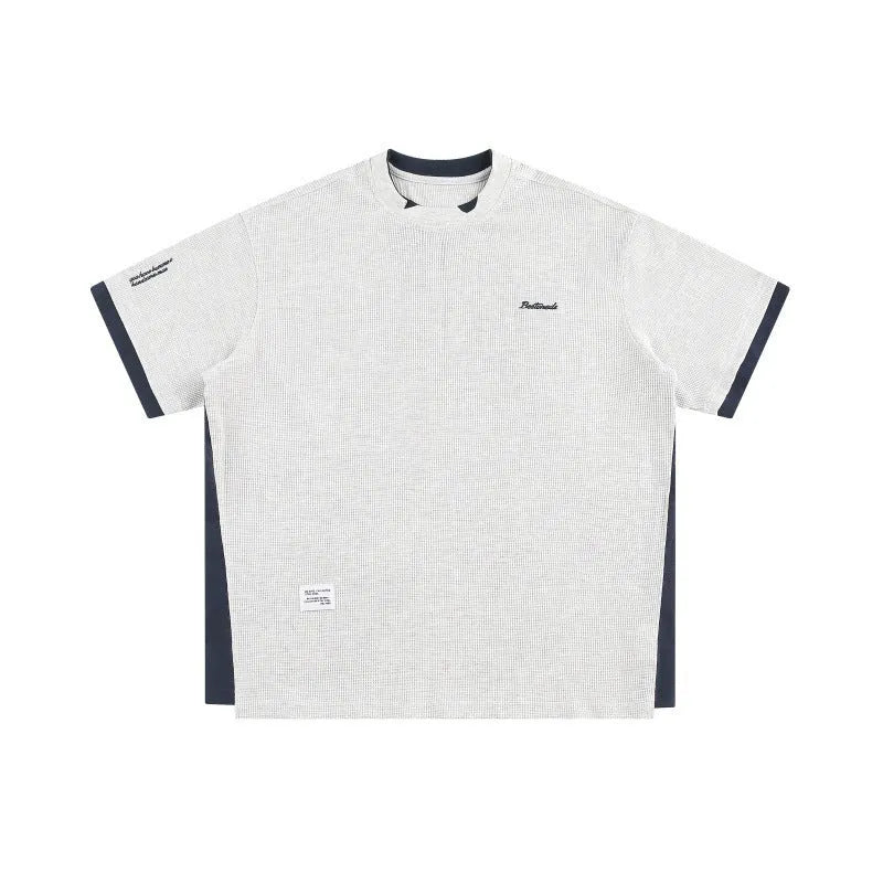 Retro alphabet embroidered waffle knit t-shirt in loose fit with navy blue, yellow or white flower grey colour options