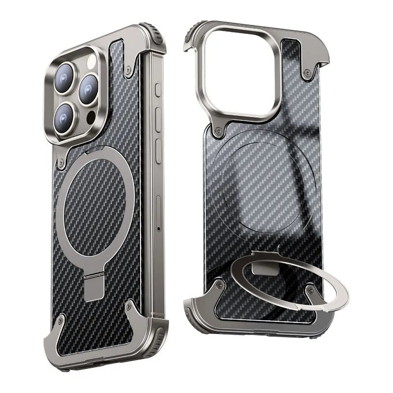 Carbon fibre metal phone case for iPhone 15 Pro Max with kickstand bracket and magnetic suction in black matte finish