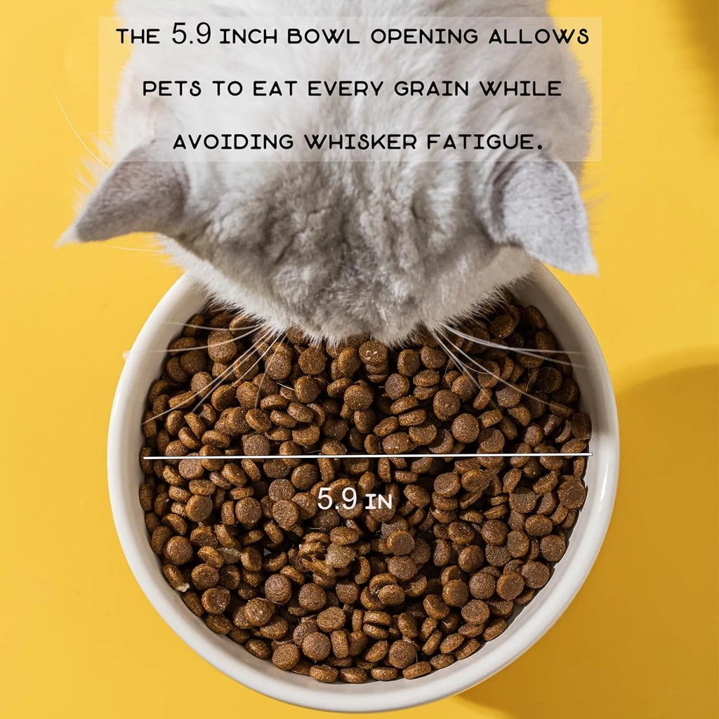 Ceramic raised cat bowl with animal design, showing elevated height and wide feeding opening