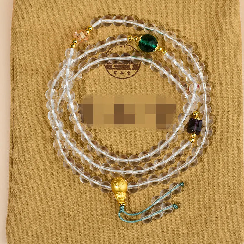 White crystal 108-bead rosary bracelet necklace with geometric shaping and ethnic design elements