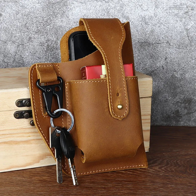 Men's retro leather belt phone bag with car suture detailing in black, brown, dark coffee or yellow wheat