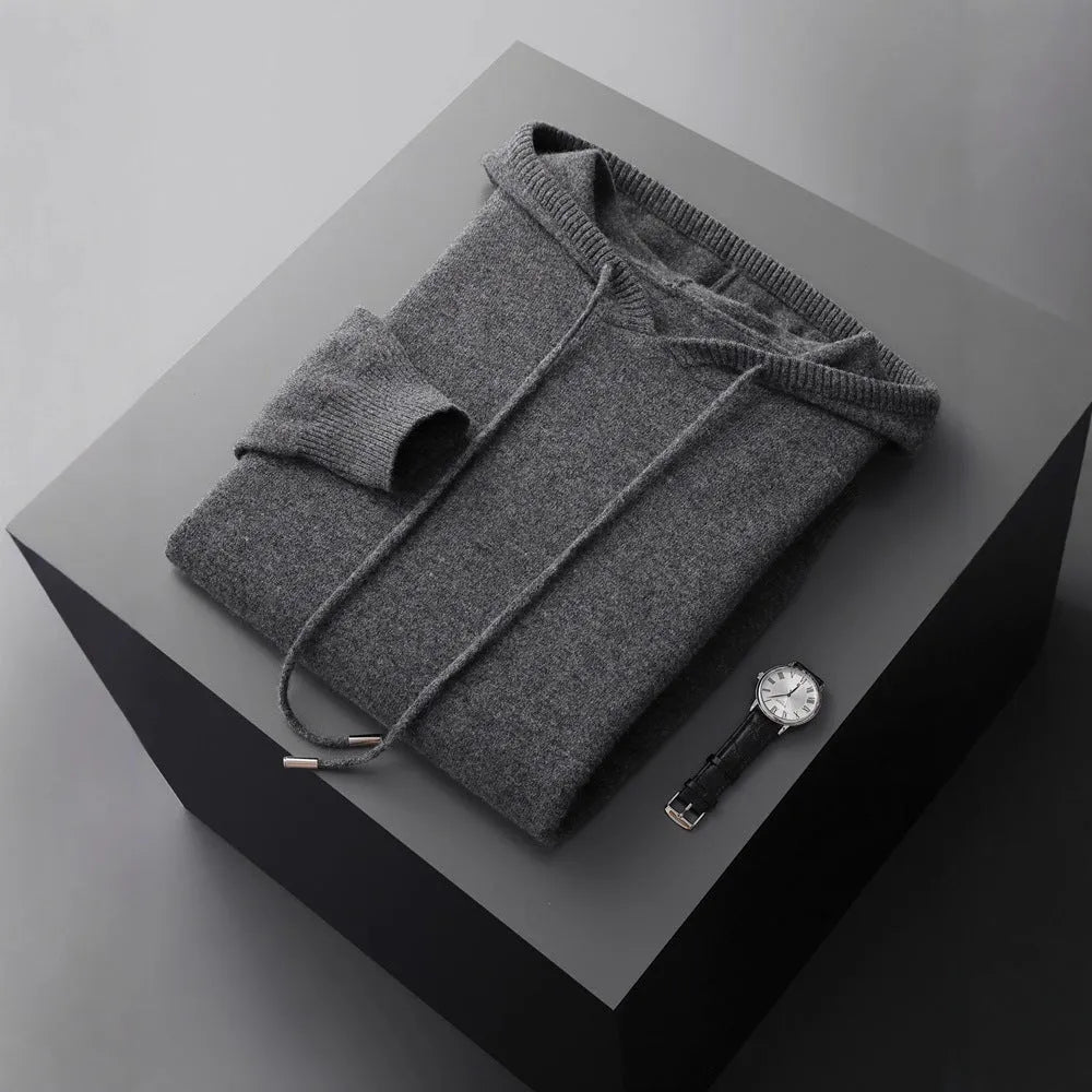 Men's thick knitted hooded sweater in solid colour, loose fit, plus size, winter pullover top