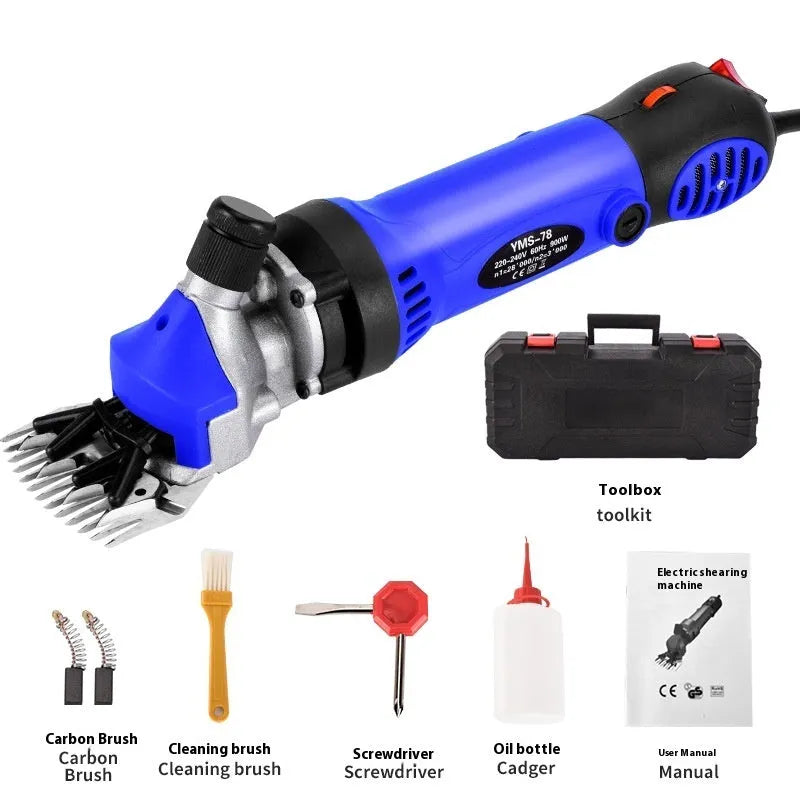 Yellow electric wool shearing machine with 13-tooth straight blade and accessory kit including multiple blades and maintenance tools