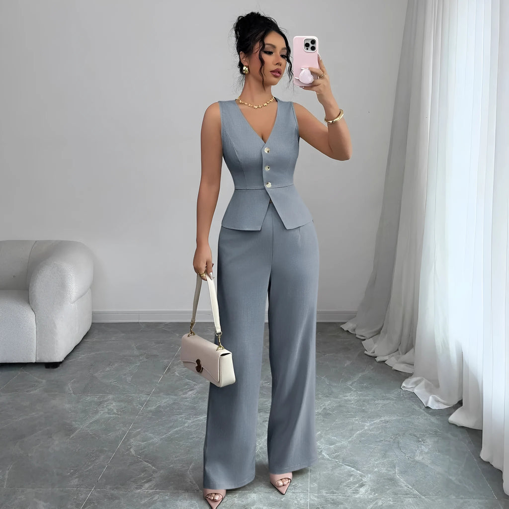 Women's solid colour sleeveless vest and high-waist trousers two-piece set in polyester fabric