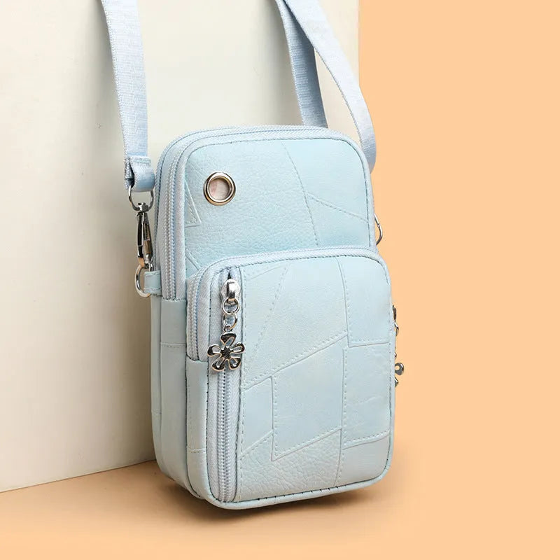 Vertical square PU mobile phone bag in multiple colour options showing sandwich pocket design