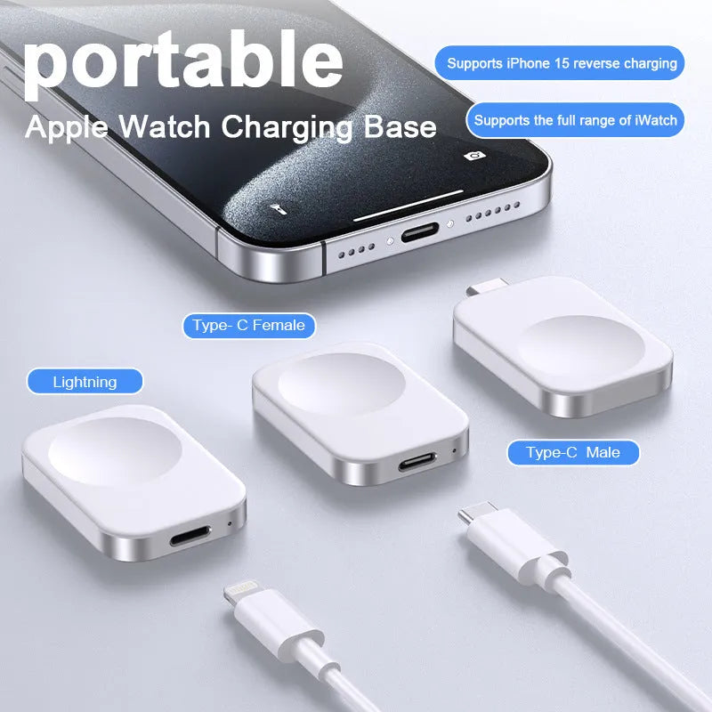 Black and white three-in-one magnetic wireless charger showing compact 4.3cm by 3.1cm dimensions
