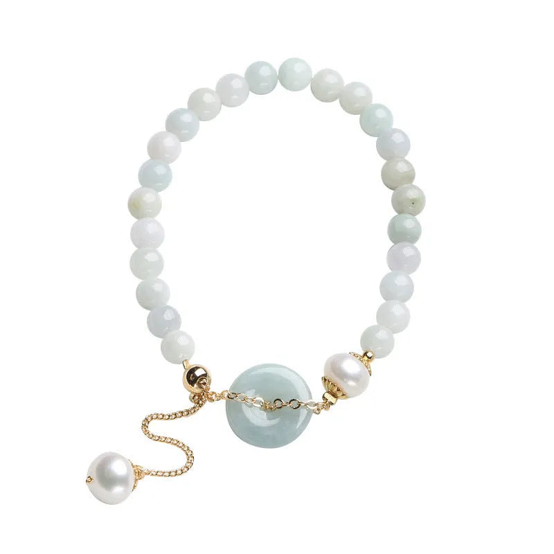 Natural emerald jade pearl bracelet with geometric peace buckle pendant and Chinese national style design