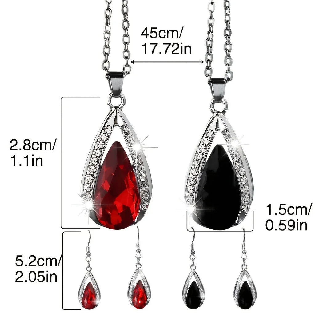 Black and red alloy teardrop pendant necklace with matching droplet earrings set.
