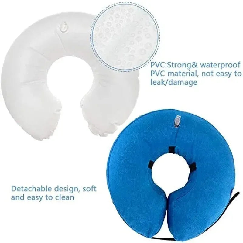 Blue inflatable protective recovery collar for a dog, showing soft padded ring and adjustable buckle strap.