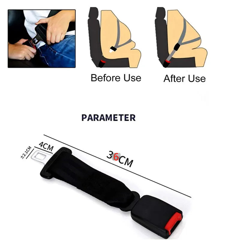 Black 36cm car seat belt extender for pregnant women and children fitting 21mm seat belt inserts