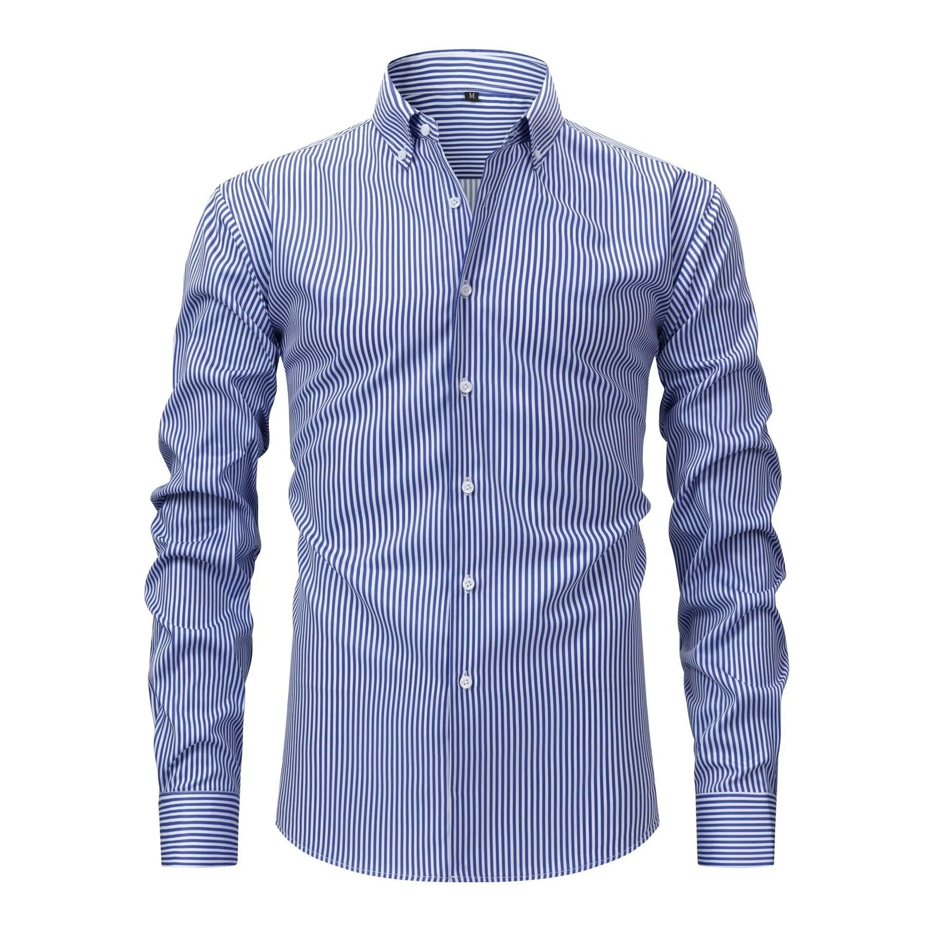 A man wearing a striped long-sleeved business casual shirt with a lapel collar.