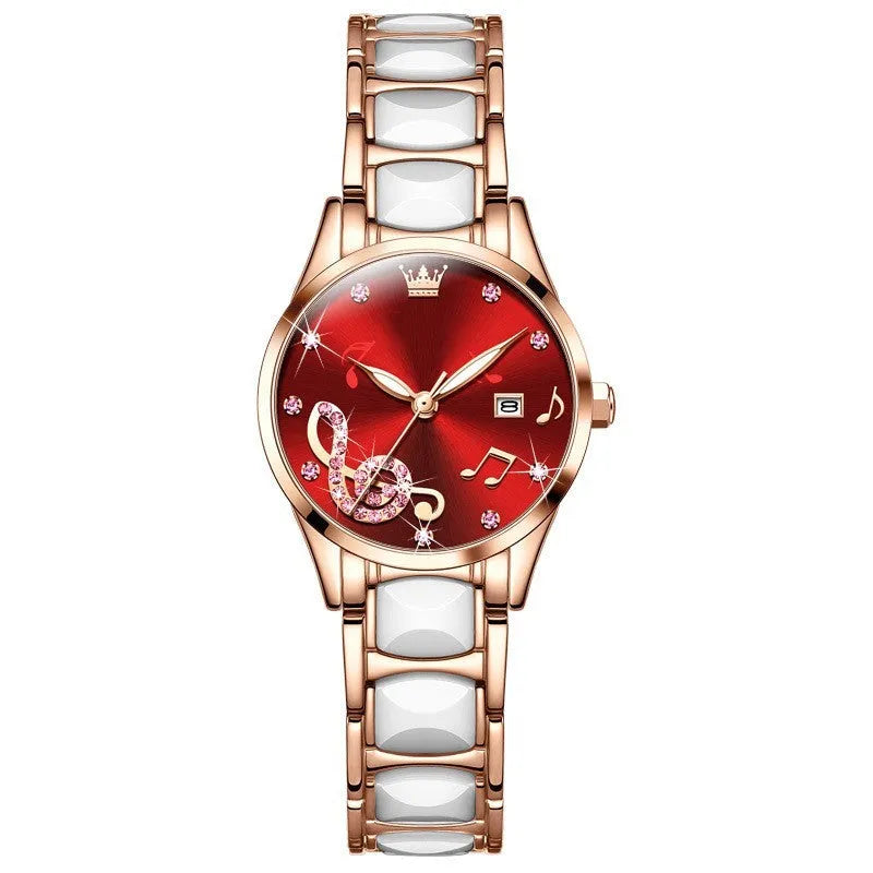 Fashion diamond inlaid women's quartz watch with steel ceramic strap, 28mm diameter, green colour