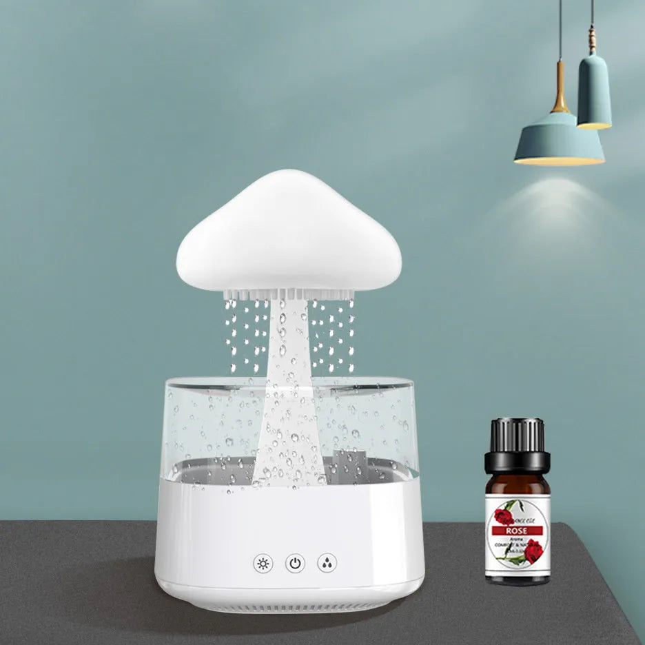 White raining cloud design desktop humidifier and night light with wood grain base