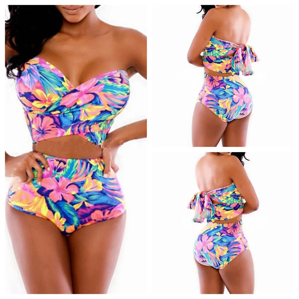 Red printed two-piece swimsuit with chest wrap top and matching bottom
