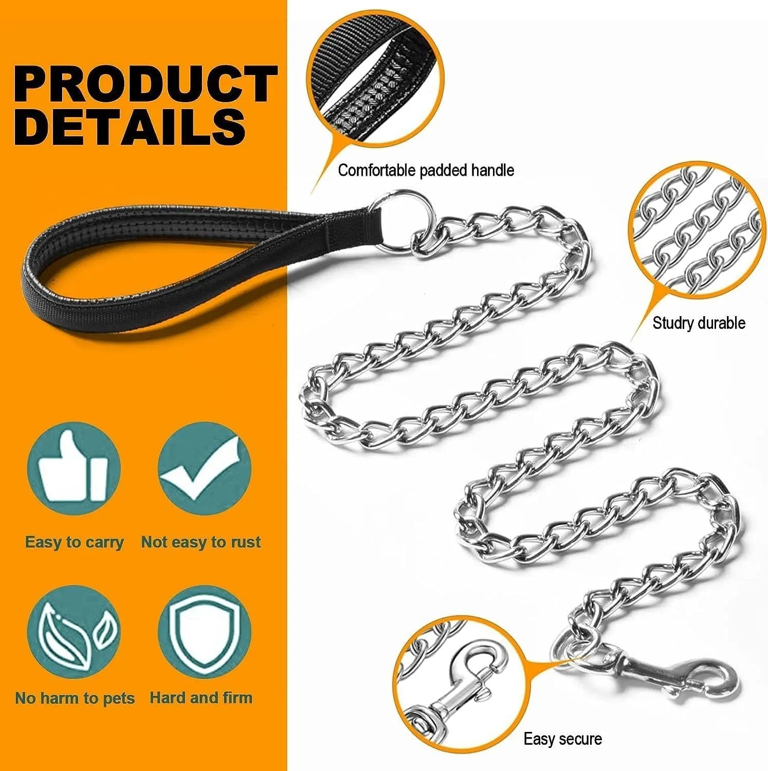 Heavy duty metal dog chain leash with soft padded black handle for large dogs