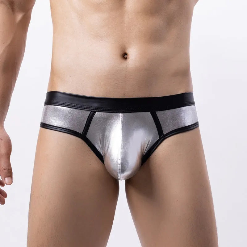 Men's gold metallic low-waist bikini swim briefs on a white background