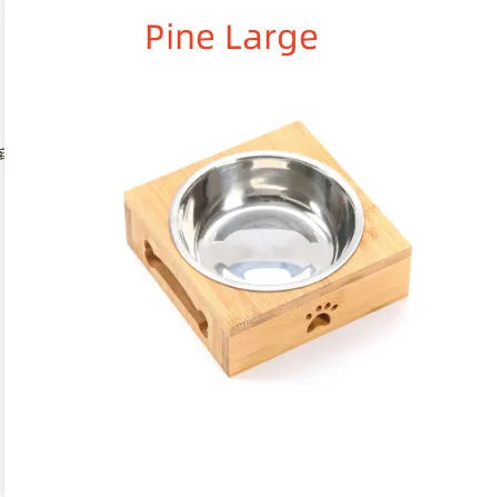 Solid wood pet dining table with stainless steel bowls in elevated design for dogs and cats