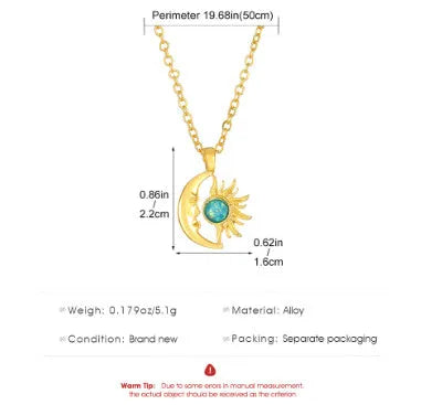 Alloy sun moon geometric pendant necklace on adjustable chain, gold electroplated finish