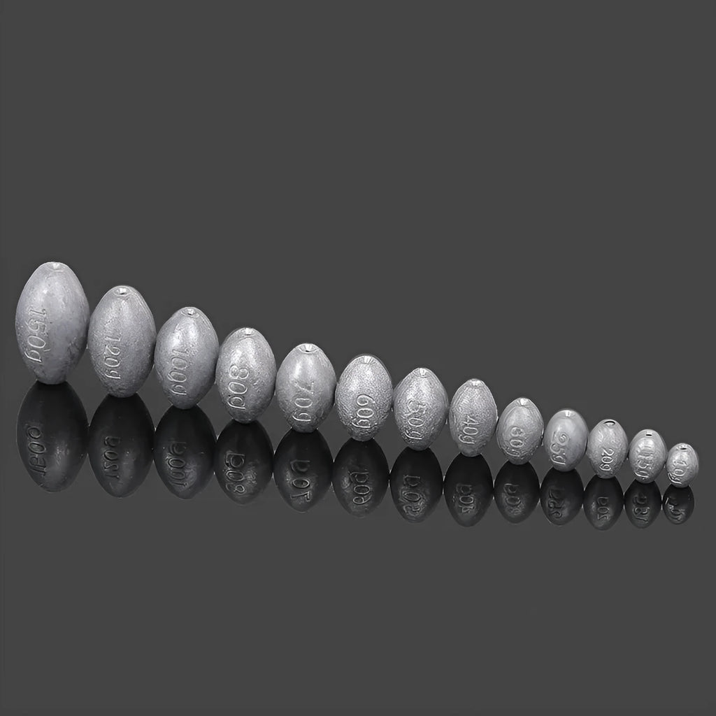 Olive coloured rugby-shaped fishing sinker with scale pattern, showing 10g to 150g weight options